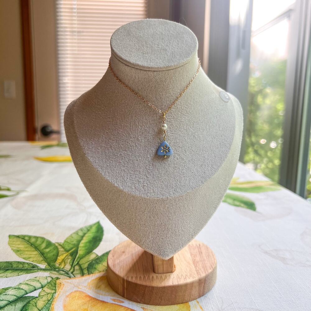 Blue Floral Triangle Shape Czech Glass Pearl Flower Dainty Cottagecore Necklace